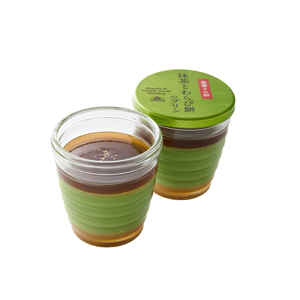 抹茶とわらび餅のプリン(黒蜜きな粉)