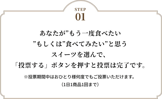 STEP01 あなたが“もう一度食べたい”もしくは“食べてみたい”と思うスイーツを選んで、「投票する」ボタンを押すと投票は完了です。