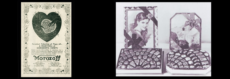 左）1935年2月13日ジャパンアドバタイザーに掲載したバレンタインチョコレート広告 右)戦前に発売されたファンシーチョコレート