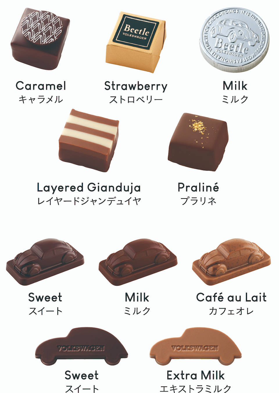 Caramel キャラメル, Strawberry ストロベリー, Milk ミルク, Layered Gianduja レイヤードジャンデュイヤ, Praliné プラリネ, Sweet スイート, Milk ミルク, Café au Lait カフェオレ, Sweet スイート, Extra Milk エキストラミルク