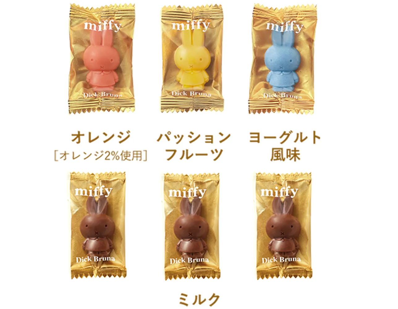 オレンジ【オレンジ2%使用】1個。パッションフルーツ1個。ヨーグルト風味1個。ミルク3個。