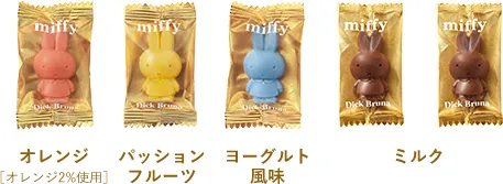 オレンジ【オレンジ2%使用】1個。パッションフルーツ1個。ヨーグルト風味1個。ミルク2個。