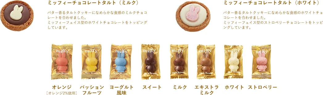 ミッフィーチョコレートタルト（ミルク）：バター香るタルトクッキーになめらかな食感のミルクチョコレートを合わせました。ミッフィーフェイス型のホワイトチョコレートをトッピングしています。
          ミッフィーチョコレートタルト（ホワイト）：バター香るタルトクッキーになめらかな食感のホワイトチョコレートを合わせました。ミッフィーフェイス型のストロベリーチョコレートをトッピングしています。
          オレンジ【オレンジ果汁使用】。パッションフルーツ。ヨーグルト風味。スイート。ミルク。エキストラミルク。ホワイト。ストロベリー