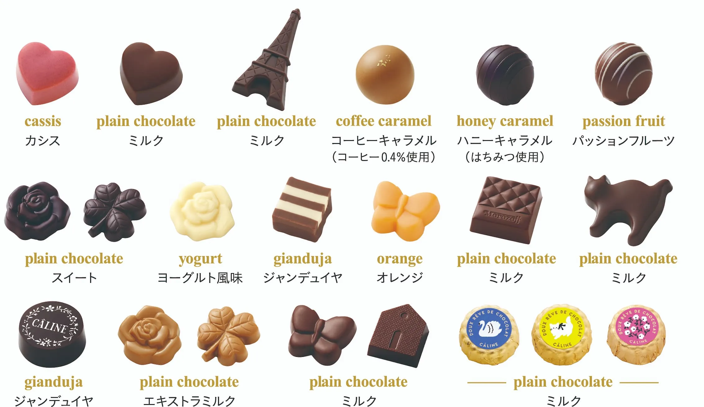 cassis カシス, plain chocolate ミルク, plain chocolate ミルク, coffee caramel コーヒーキャラメル（コーヒー0.4%使用）, honey caramel ハニーキャラメル（はちみつ使用）, passion fruit パッションフルーツ, plain chocolate スイート, yogurt ヨーグルト風味, gianduja ジャンデュイヤ, orange オレンジ, plain chocolate ミルク, plain chocolate ミルク, gianduja ジャンデュイヤ, plain chocolate エキストラミルク, plain chocolate ミルク, plain chocolate ミルク