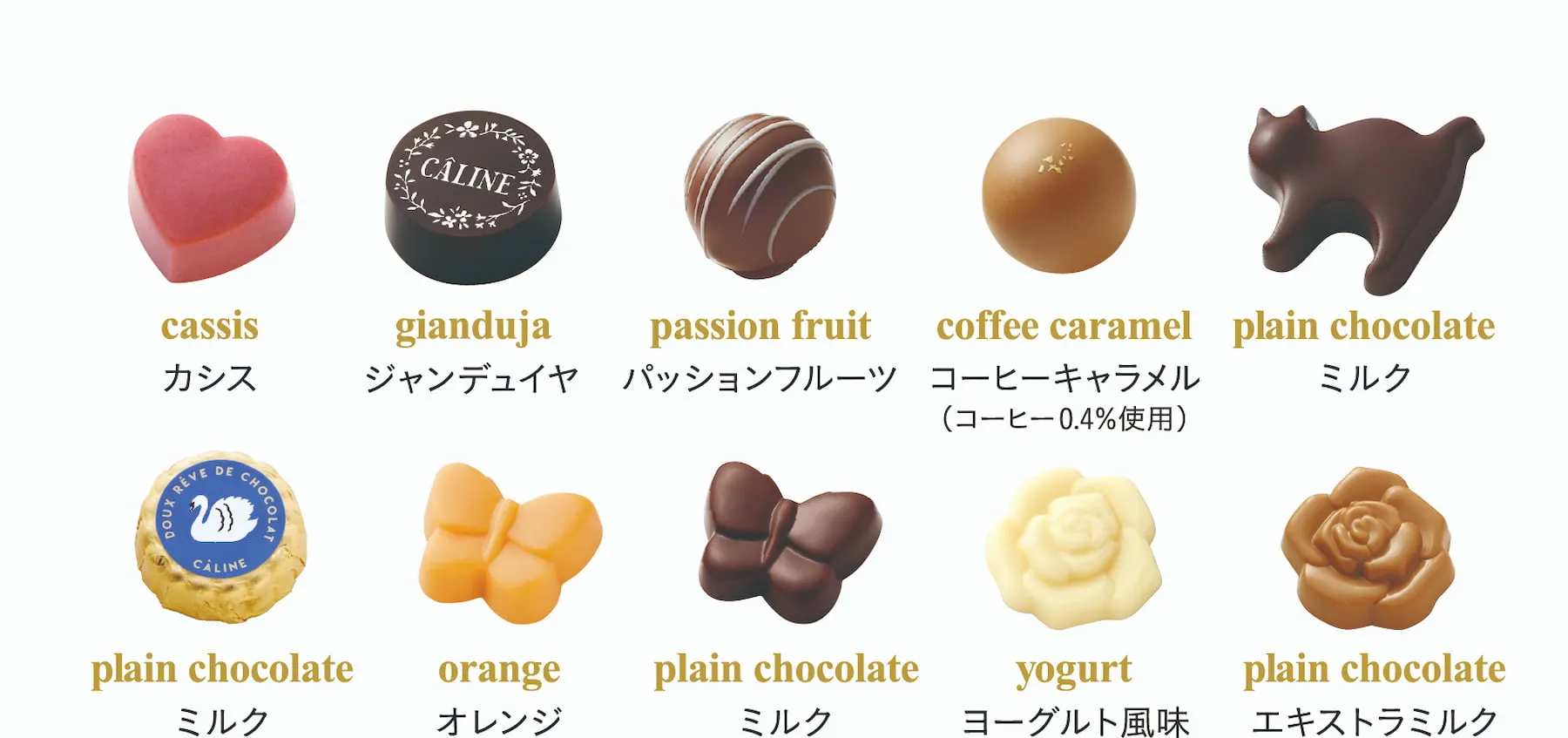 cassis カシス, gianduja ジャンデュイヤ, passion fruit パッションフルーツ, coffee caramel コーヒーキャラメル（コーヒー0.4%使用）, plain chocolate ミルク, plain chocolate ミルク, orange オレンジ, plain chocolate ミルク, yogurt ヨーグルト風味, plain chocolate エキストラミルク