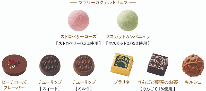 フラワーカクテルトリュフ,ストロベリーローズ【ストロベリー0.3%使用】,マスカットカンパニュラ【マスカット0.05%使用】, ピーチローズフレーバー,チューリップ【スイート】,チューリップ【ミルク】,プラリネ りんごと薔薇のお茶【りんご0.1%使用】,キルシュ