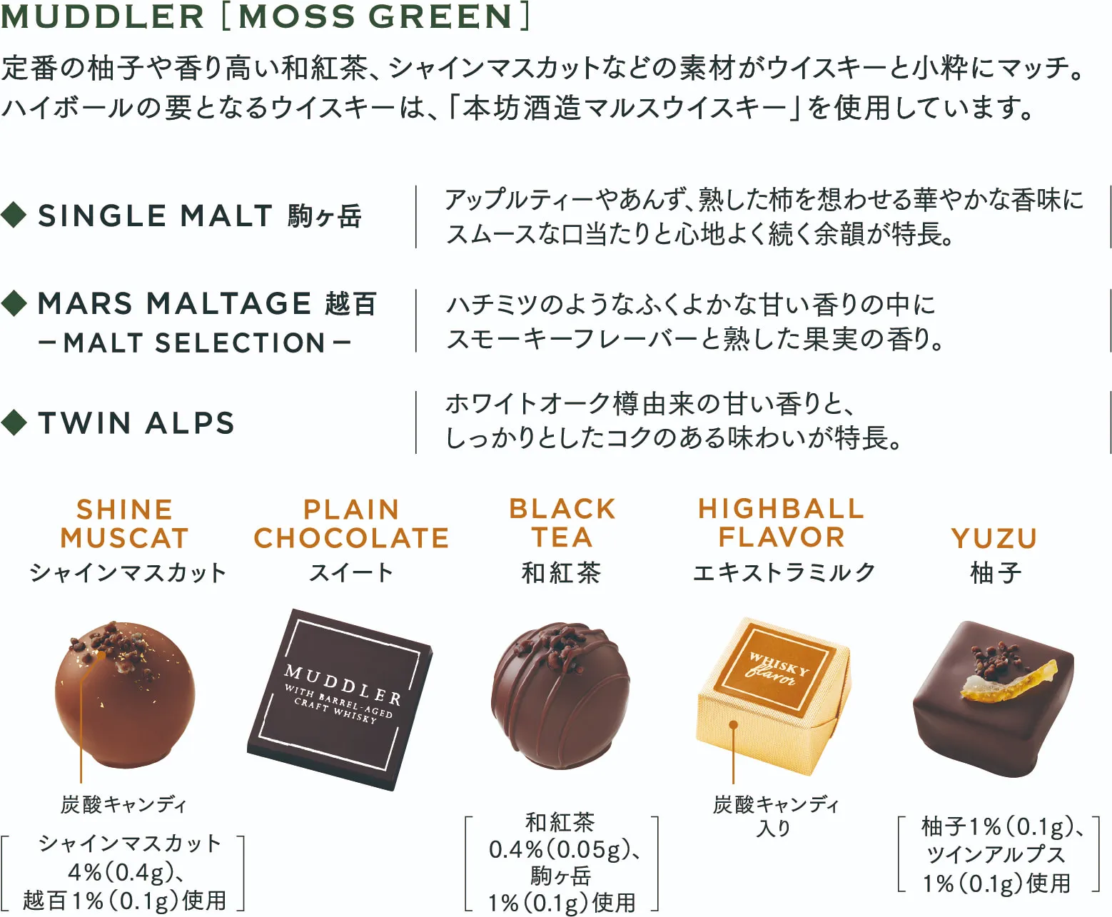 MUDDLER [MOSS GREEN]
                  定番の柚子や香り高い和紅茶、シャインマスカットなどの素材がウイスキーと小粋にマッチ。ハイボールの要となるウイスキーは、「本坊酒造マルスウイスキー」を使用しています。SINGLE MALT 駒ヶ岳
                  アップルティーやあんず、熟した柿を想わせる華やかな香味に、スムースな口当たりと心地よく続く余韻が特長。MARS MALTAGE 越百 — MALT SELECTION —。ハチミツのようなふくよくな甘い香りの中に、スモーキーフレーバーと熟した果実の香り。TWIN ALPS。ホワイトオーク樽由来の甘い香りと、しっかりとしたコクのある味わいが特長。SHINE
                  MUSCAT。シャインマスカット、炭酸キャンディ。シャインマスカット 4%(0.4g)、越百1%(0.1g)使用。PLAIN CHOCOLATE スイート。BLACK TEA 和紅茶。和紅茶0.4%(0.05g)、越百1%(0.1g)使用。HIGHBALL FLAVOR エキストラミルク、炭酸キャンディ入り。YUZU
                  柚子。柚子1%(0.1g)、ツインアルプス1%(0.1g)使用。