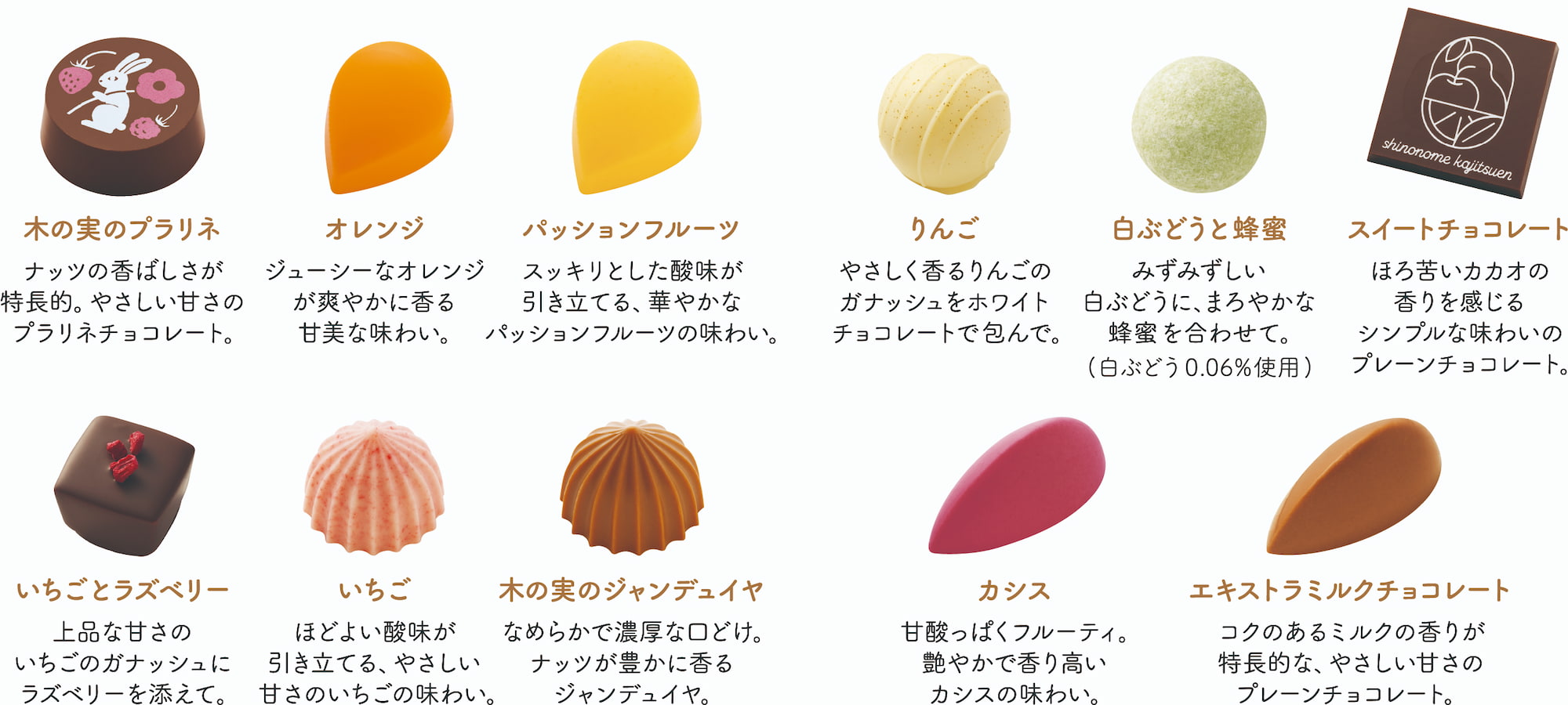 木の実のプラリネ,ナッツの香ばしさが特長的。やさしい甘さのプラリネチョコレート。,オレンジ,ジューシーなオレンジが爽やかに香る甘美な味わい。,パッションフルーツ,スッキリとした酸味が引き立てる、華やかなパッションフルーツの味わい。,りんご,やさしく香るりんごのガナッシュをホワイトチョコレートで包んで。,白ぶどうと蜂蜜,みずみずしい白ぶどうに、まろやかな蜂蜜を合わせて。（白ぶどう0.06％使用）,スイートチョコレート,ほろ苦いカカオの香りを感じるシンプルな味わいのプレーンチョコレート。,いちごとラズベリー,上品な甘さのいちごのガナッシュにラズベリーを添えて。,いちご,ほどよい酸味が引き立てる、やさしい甘さのいちごの味わい。,木の実のジャンデュイヤ,なめらかで濃厚な口どけ。ナッツが豊かに香るジャンデュイヤ。,カシス,甘酸っぱくフルーティ。艶やかで香り高いカシスの味わい。,エキストラミルクチョコレート,コクのあるミルクの香りが特長的な、やさしい甘さのプレーンチョコレート