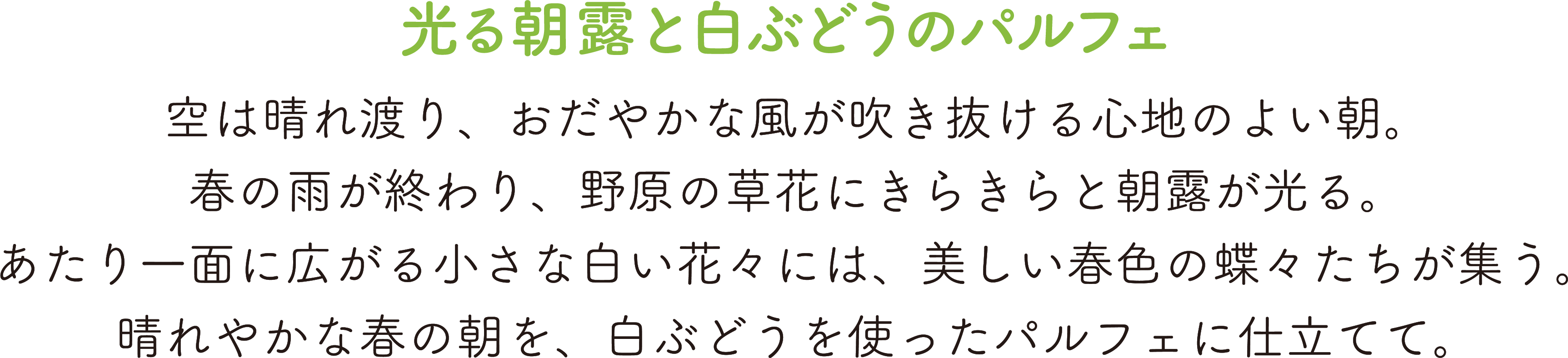 光る朝露と白ぶどうのパルフェ,空は晴れ渡り、おだやかな風が吹き抜ける心地のよい朝。,春の雨が終わり、野原の草花にきらきらと朝露が光る。,あたり一面に広がる小さな白い花々には、美しい春色の蝶々たちが集う。,晴れやかな春の朝を、白ぶどうを使ったパルフェに仕立てて。